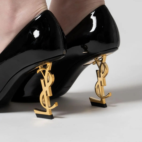 Saint Laurent Opyum 85 Black Patent Leather Gold YSL Logo Pointed Heel Pump 36 - Picture 5 of 16
